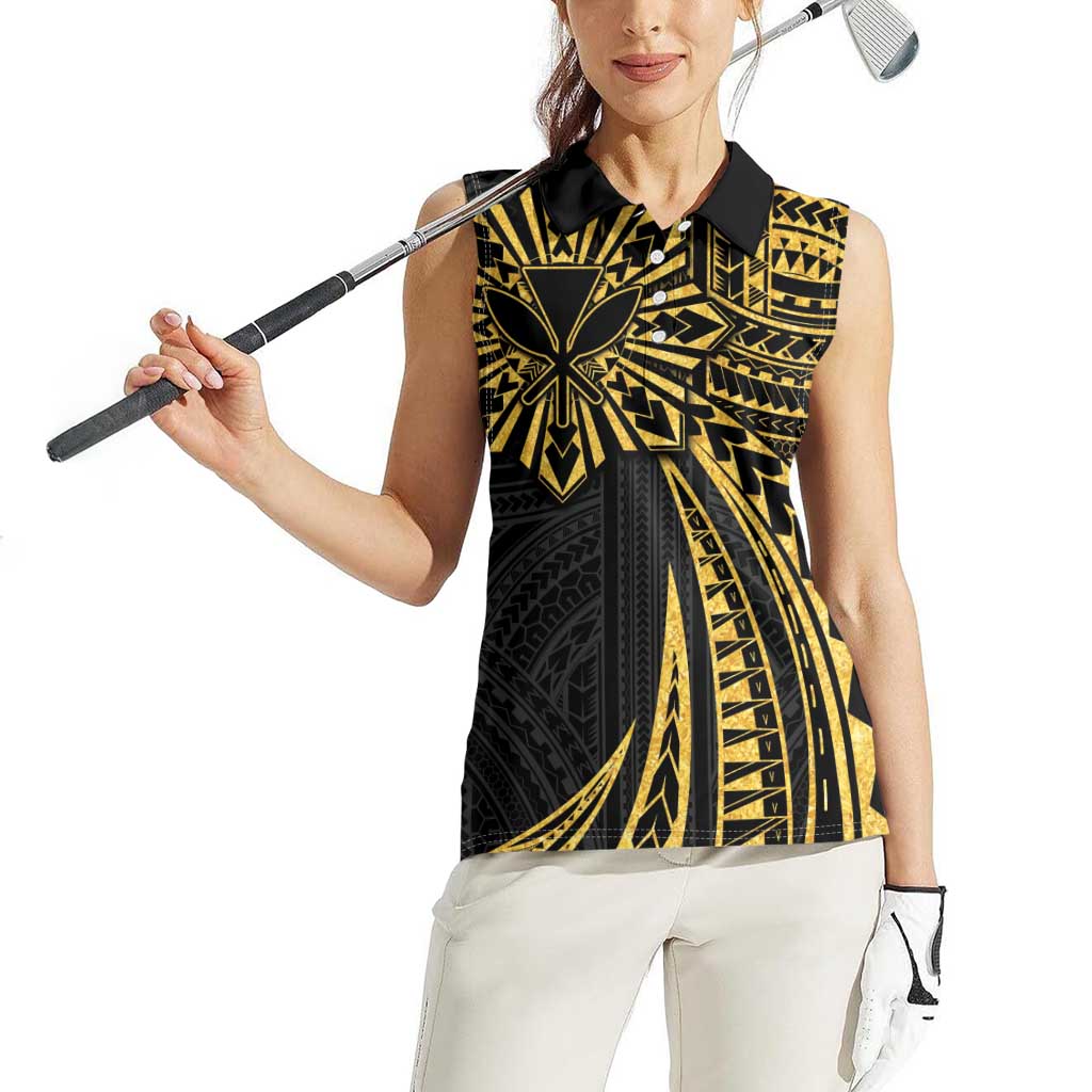 Hawaii And Philippines Women Sleeveless Polo Shirt Kanaka Maoli With Tribal Sun Together Gold LT05 - Polynesian Pride