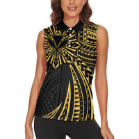 Hawaii And Philippines Women Sleeveless Polo Shirt Kanaka Maoli With Tribal Sun Together Gold LT05 - Polynesian Pride