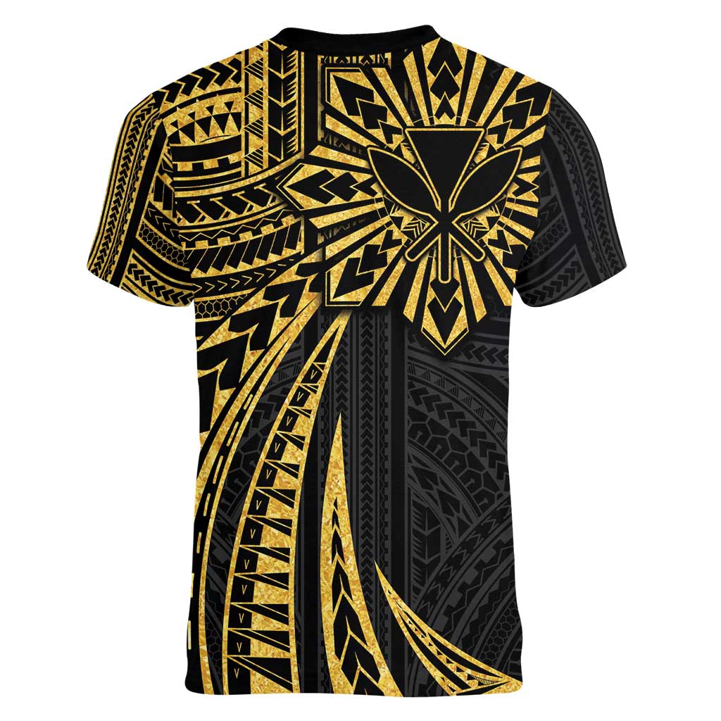 Hawaii And Philippines Women V-Neck T-Shirt Kanaka Maoli With Tribal Sun Together Gold LT05 - Polynesian Pride