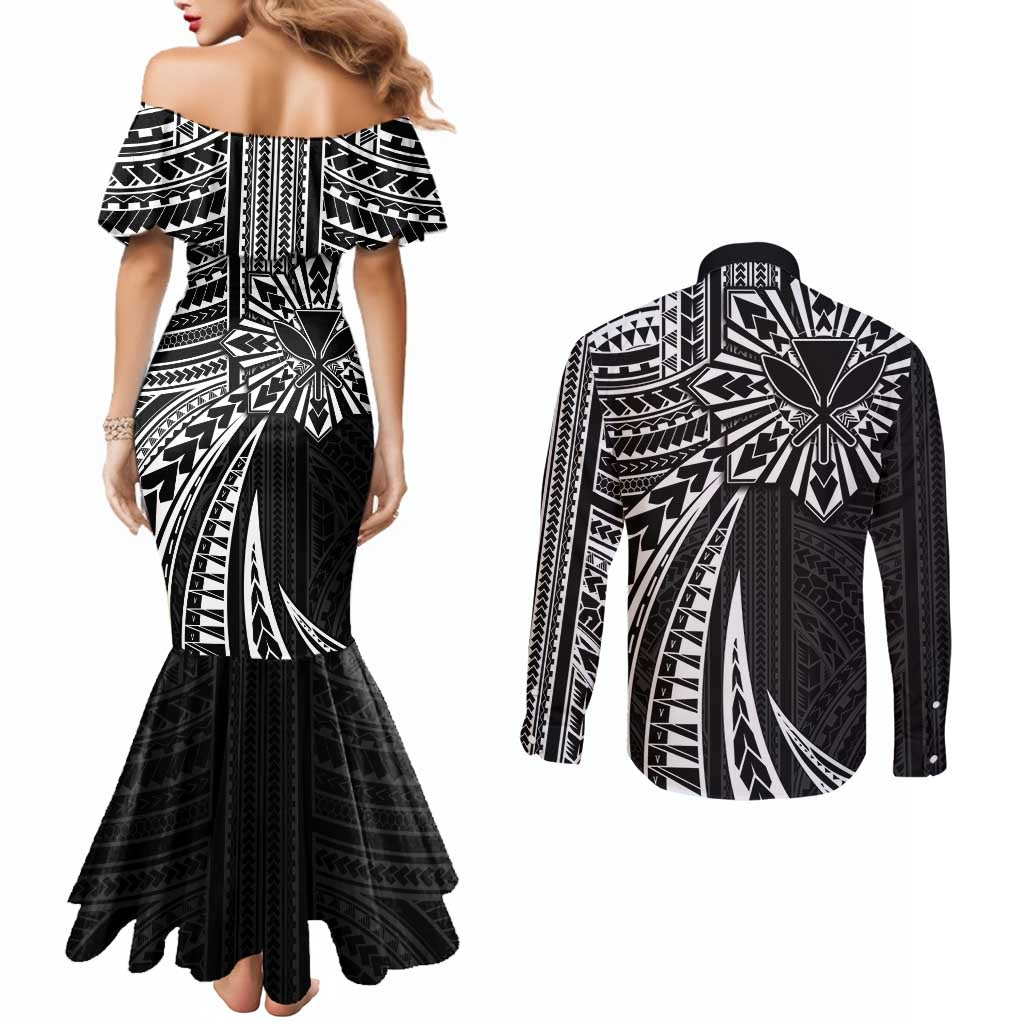Hawaii And Philippines Couples Matching Mermaid Dress and Long Sleeve Button Shirt Kanaka Maoli With Tribal Sun Together Black LT05 - Polynesian Pride