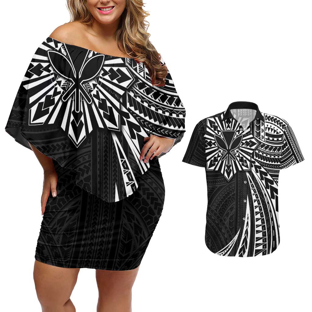 Hawaii And Philippines Couples Matching Off Shoulder Short Dress and Hawaiian Shirt Kanaka Maoli With Tribal Sun Together Black LT05 Black - Polynesian Pride