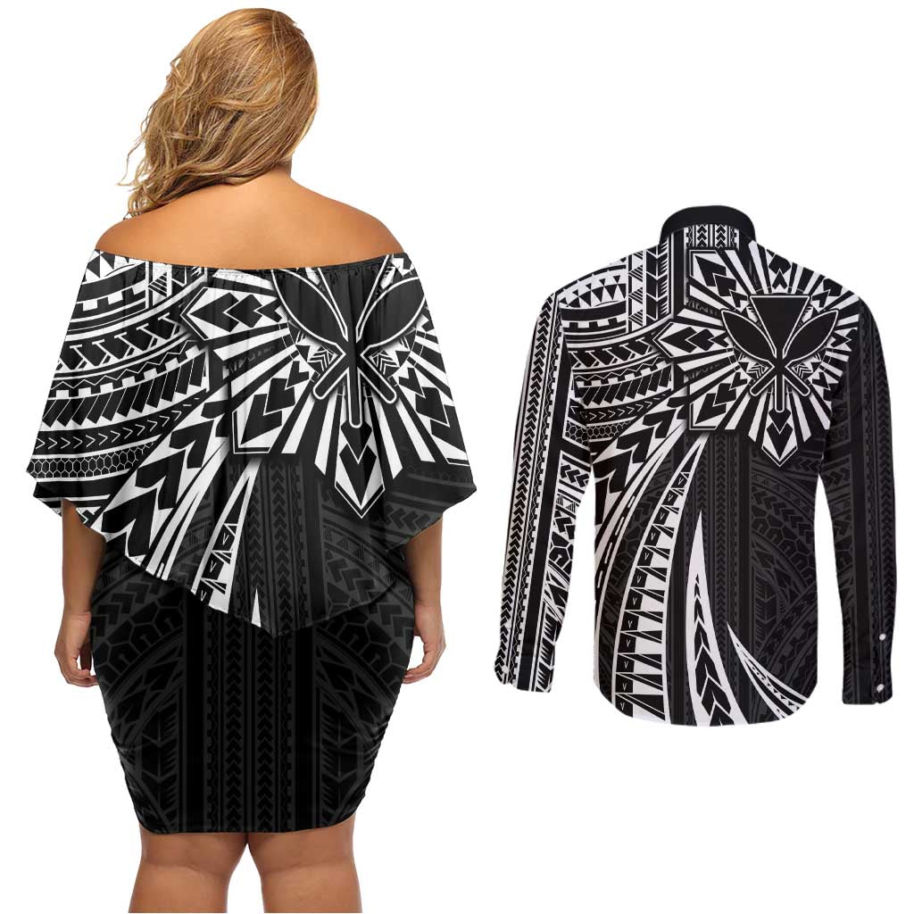 Hawaii And Philippines Couples Matching Off Shoulder Short Dress and Long Sleeve Button Shirt Kanaka Maoli With Tribal Sun Together Black LT05 - Polynesian Pride