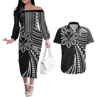 Hawaii And Philippines Couples Matching Off The Shoulder Long Sleeve Dress and Hawaiian Shirt Kanaka Maoli With Tribal Sun Together Black LT05 Black - Polynesian Pride