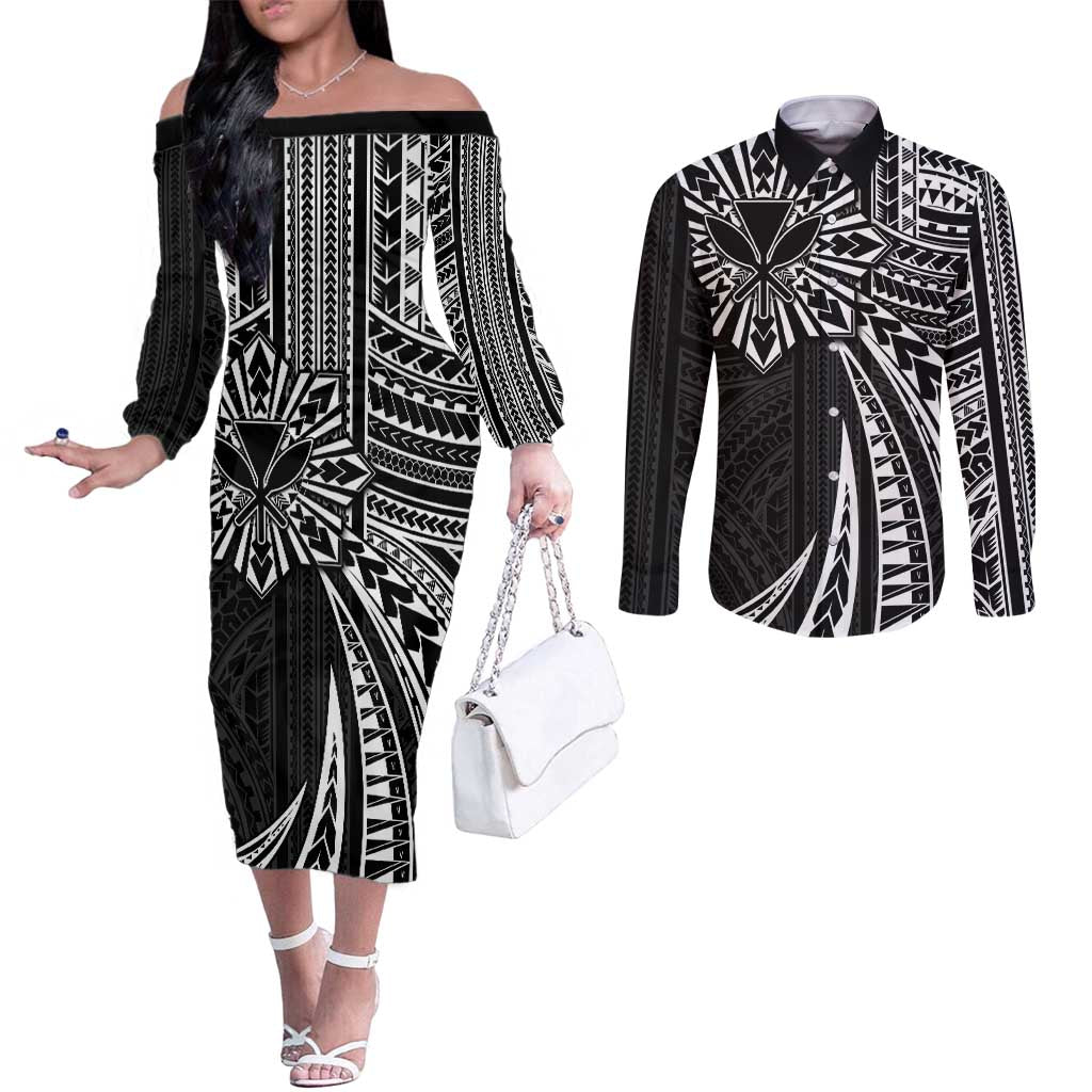 Hawaii And Philippines Couples Matching Off The Shoulder Long Sleeve Dress and Long Sleeve Button Shirt Kanaka Maoli With Tribal Sun Together Black LT05 Black - Polynesian Pride