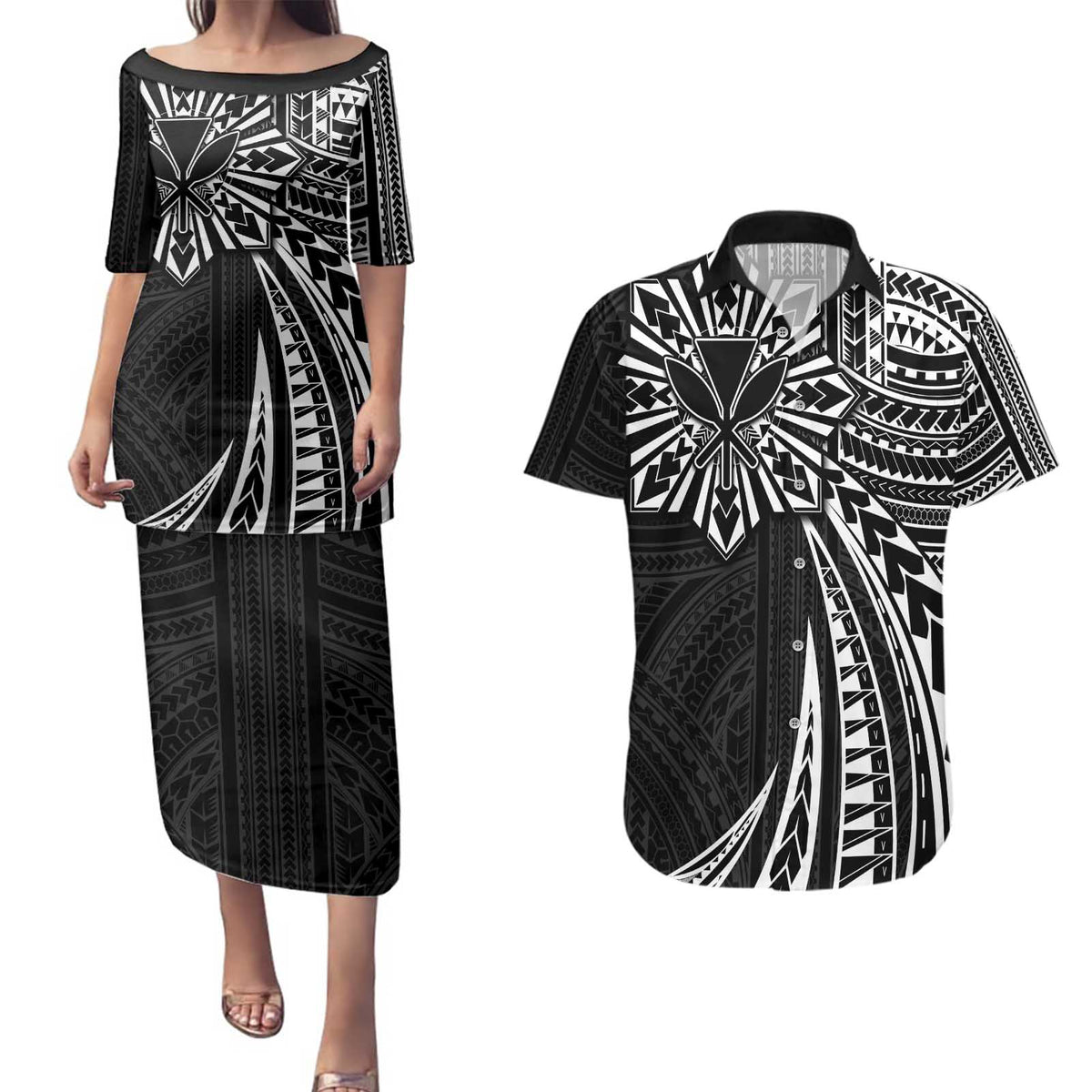 Hawaii And Philippines Couples Matching Puletasi and Hawaiian Shirt Kanaka Maoli With Tribal Sun Together Black LT05 Black - Polynesian Pride