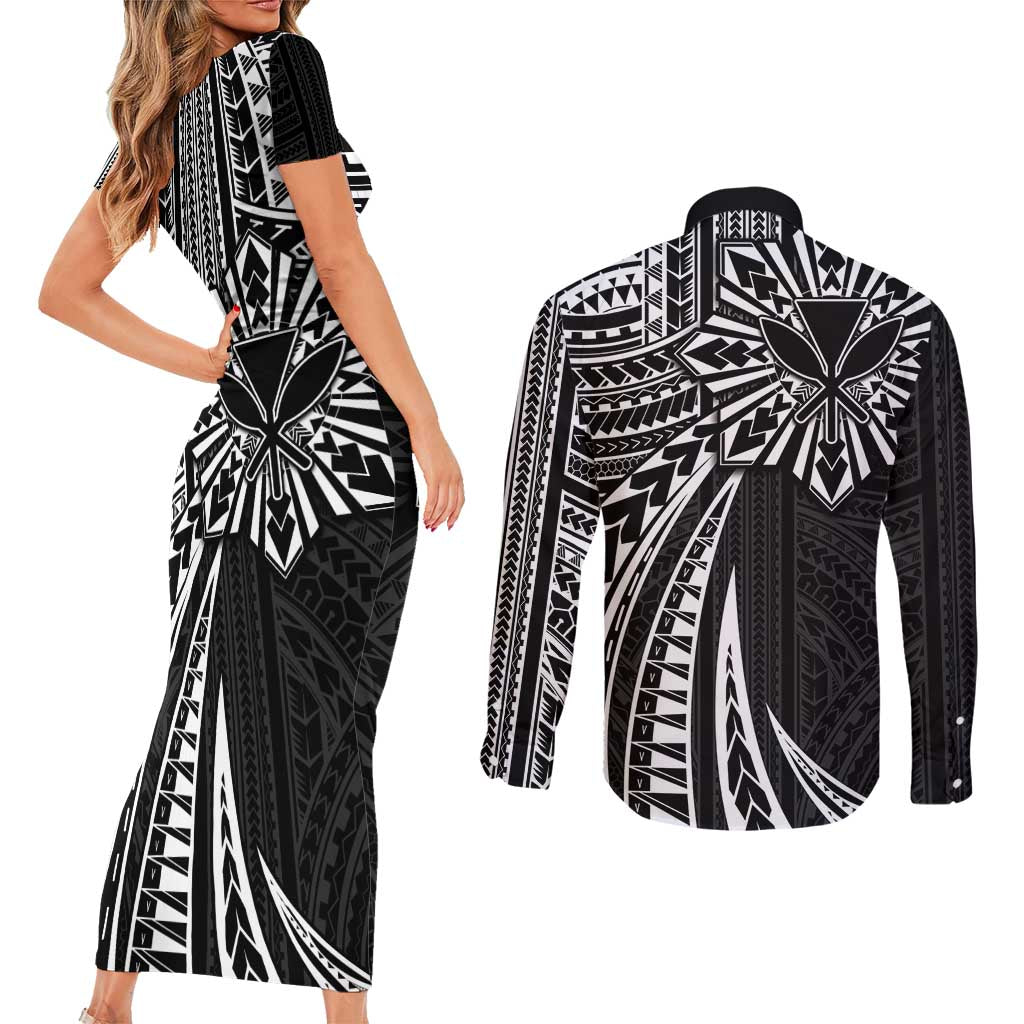Hawaii And Philippines Couples Matching Short Sleeve Bodycon Dress and Long Sleeve Button Shirt Kanaka Maoli With Tribal Sun Together Black LT05 - Polynesian Pride