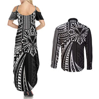 Hawaii And Philippines Couples Matching Summer Maxi Dress and Long Sleeve Button Shirt Kanaka Maoli With Tribal Sun Together Black LT05 - Polynesian Pride