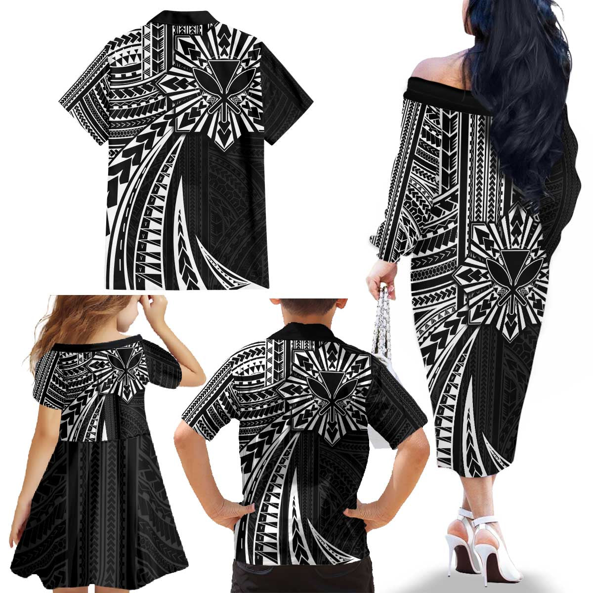 Hawaii And Philippines Family Matching Off The Shoulder Long Sleeve Dress and Hawaiian Shirt Kanaka Maoli With Tribal Sun Together Black LT05 - Polynesian Pride