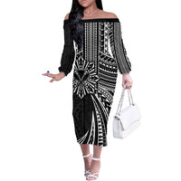 Hawaii And Philippines Family Matching Off The Shoulder Long Sleeve Dress and Hawaiian Shirt Kanaka Maoli With Tribal Sun Together Black LT05 Mom's Dress Black - Polynesian Pride