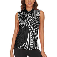 Hawaii And Philippines Women Sleeveless Polo Shirt Kanaka Maoli With Tribal Sun Together Black LT05 - Polynesian Pride