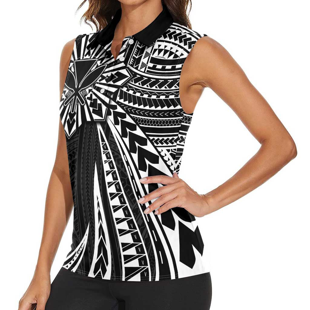 Hawaii And Philippines Women Sleeveless Polo Shirt Kanaka Maoli With Tribal Sun Together Black LT05 - Polynesian Pride