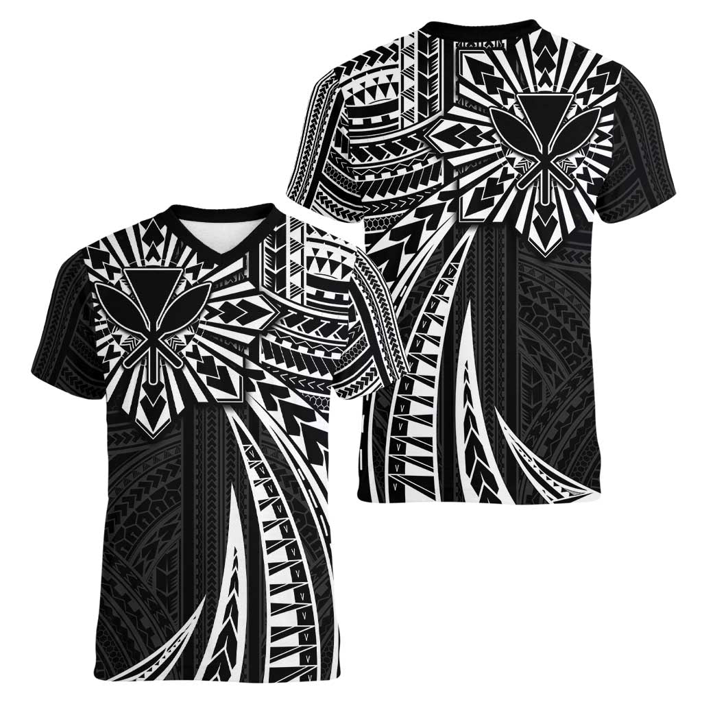 Hawaii And Philippines Women V-Neck T-Shirt Kanaka Maoli With Tribal Sun Together Black LT05 - Polynesian Pride
