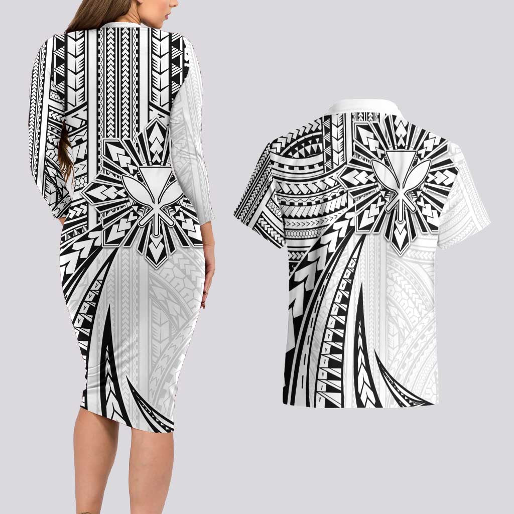 Hawaii And Philippines Couples Matching Long Sleeve Bodycon Dress and Hawaiian Shirt Kanaka Maoli With Tribal Sun Together White LT05 - Polynesian Pride