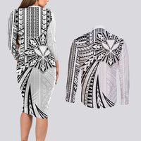 Hawaii And Philippines Couples Matching Long Sleeve Bodycon Dress and Long Sleeve Button Shirt Kanaka Maoli With Tribal Sun Together White LT05 - Polynesian Pride