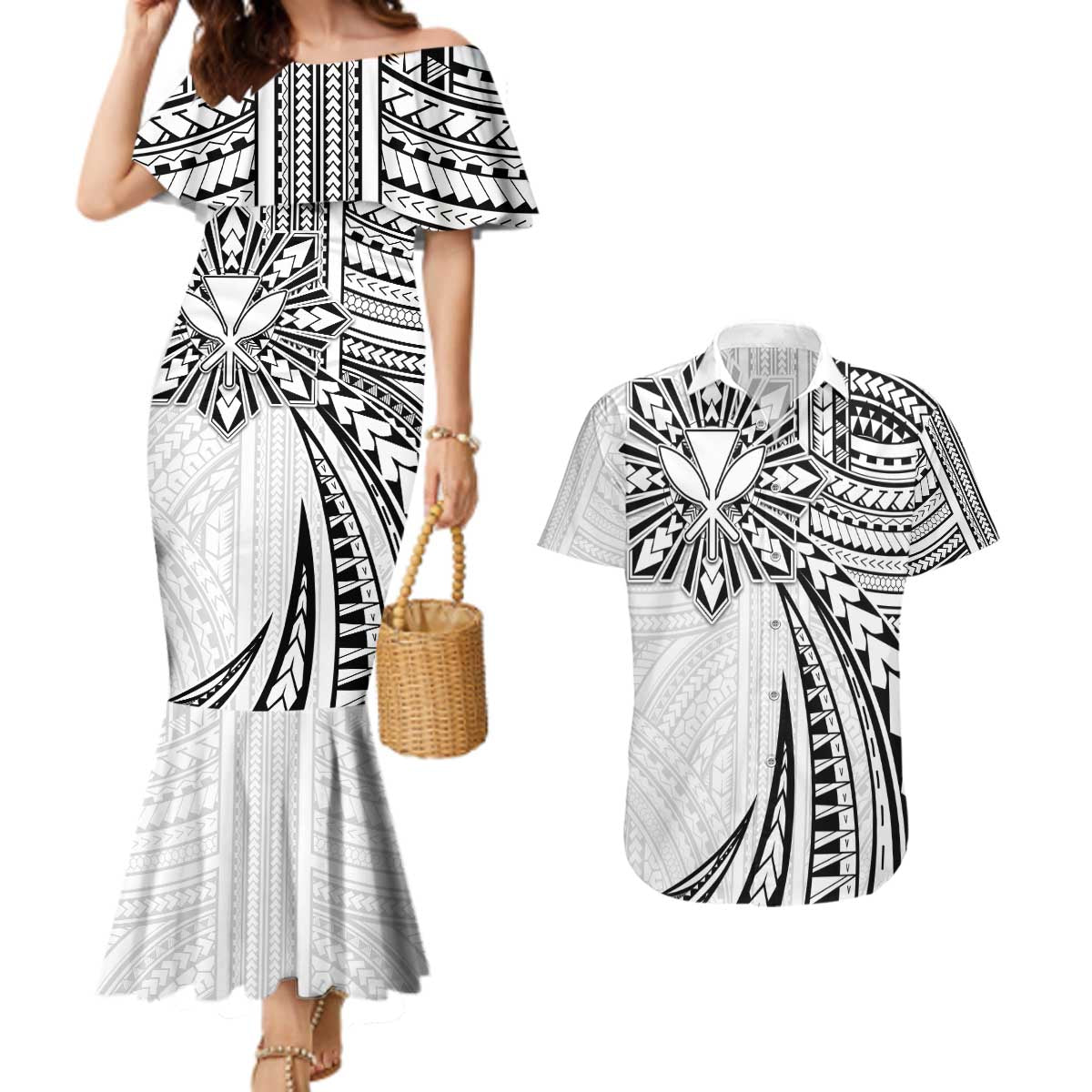 Hawaii And Philippines Couples Matching Mermaid Dress and Hawaiian Shirt Kanaka Maoli With Tribal Sun Together White LT05 White - Polynesian Pride