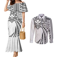 Hawaii And Philippines Couples Matching Mermaid Dress and Long Sleeve Button Shirt Kanaka Maoli With Tribal Sun Together White LT05 White - Polynesian Pride