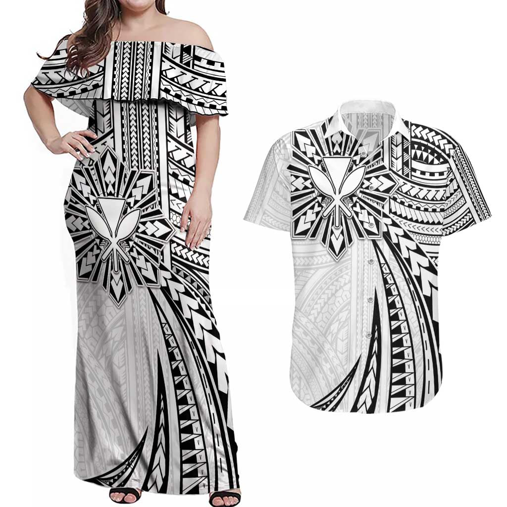 Hawaii And Philippines Couples Matching Off Shoulder Maxi Dress and Hawaiian Shirt Kanaka Maoli With Tribal Sun Together White LT05 White - Polynesian Pride