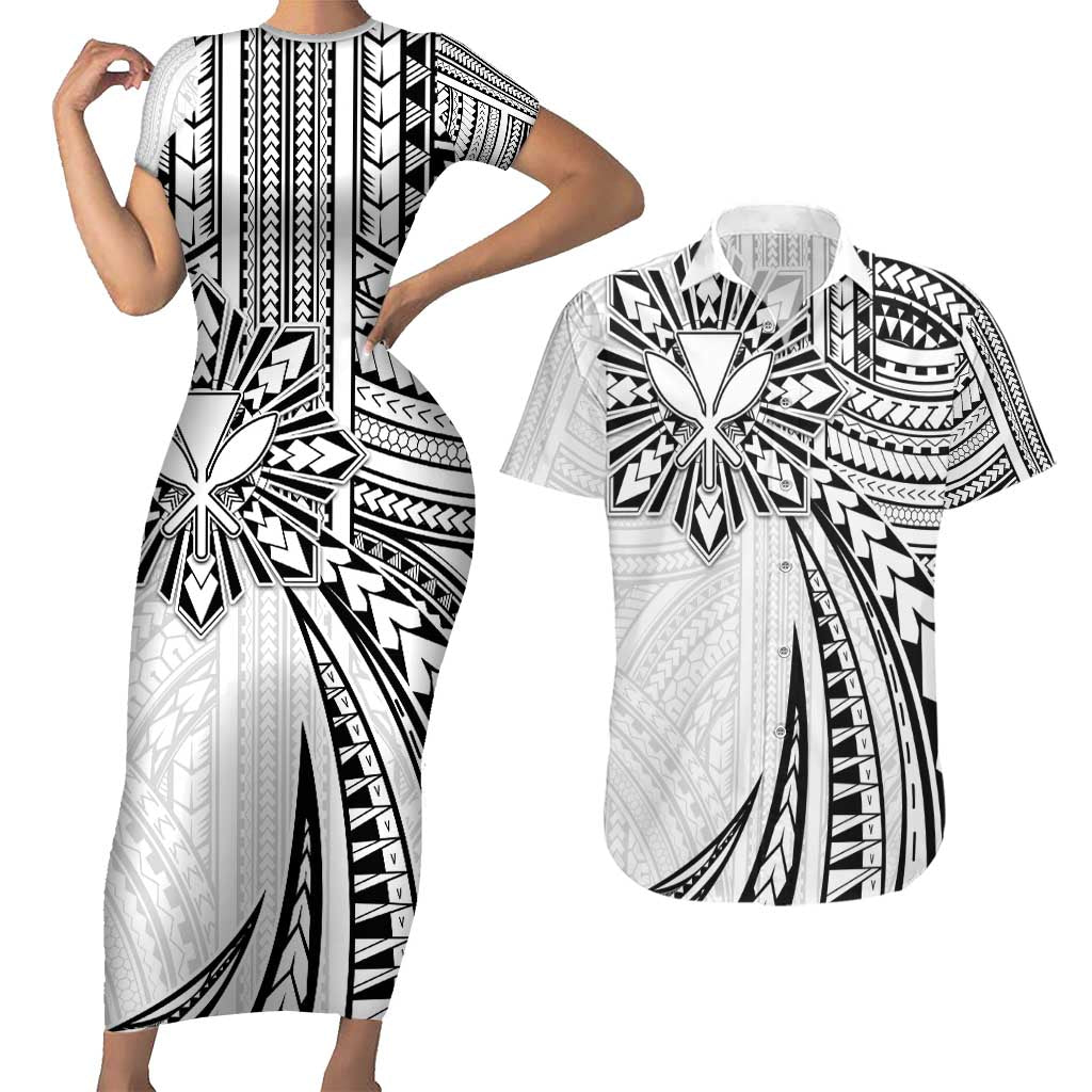 Hawaii And Philippines Couples Matching Short Sleeve Bodycon Dress and Hawaiian Shirt Kanaka Maoli With Tribal Sun Together White LT05 White - Polynesian Pride