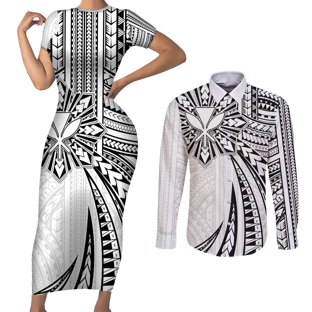 Hawaii And Philippines Couples Matching Short Sleeve Bodycon Dress and Long Sleeve Button Shirt Kanaka Maoli With Tribal Sun Together White LT05 White - Polynesian Pride