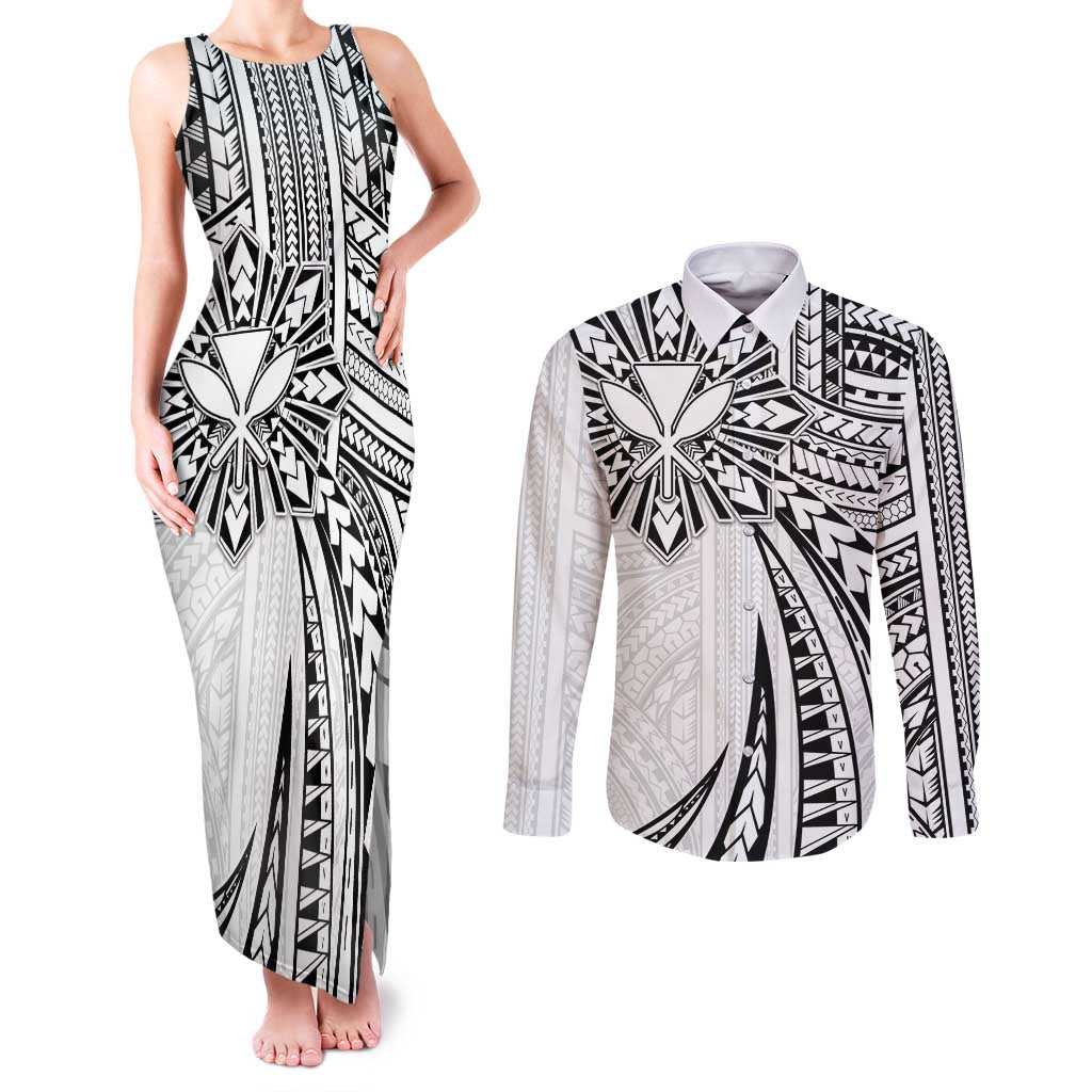 Hawaii And Philippines Couples Matching Tank Maxi Dress and Long Sleeve Button Shirt Kanaka Maoli With Tribal Sun Together White LT05 White - Polynesian Pride