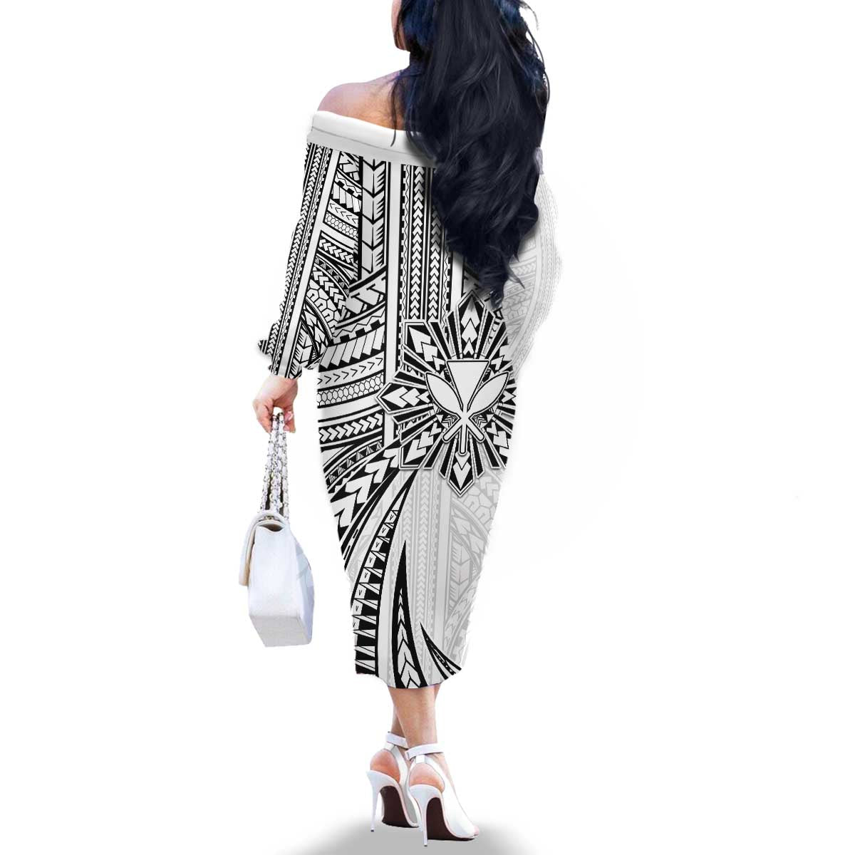 Hawaii And Philippines Family Matching Off The Shoulder Long Sleeve Dress and Hawaiian Shirt Kanaka Maoli With Tribal Sun Together White LT05 - Polynesian Pride