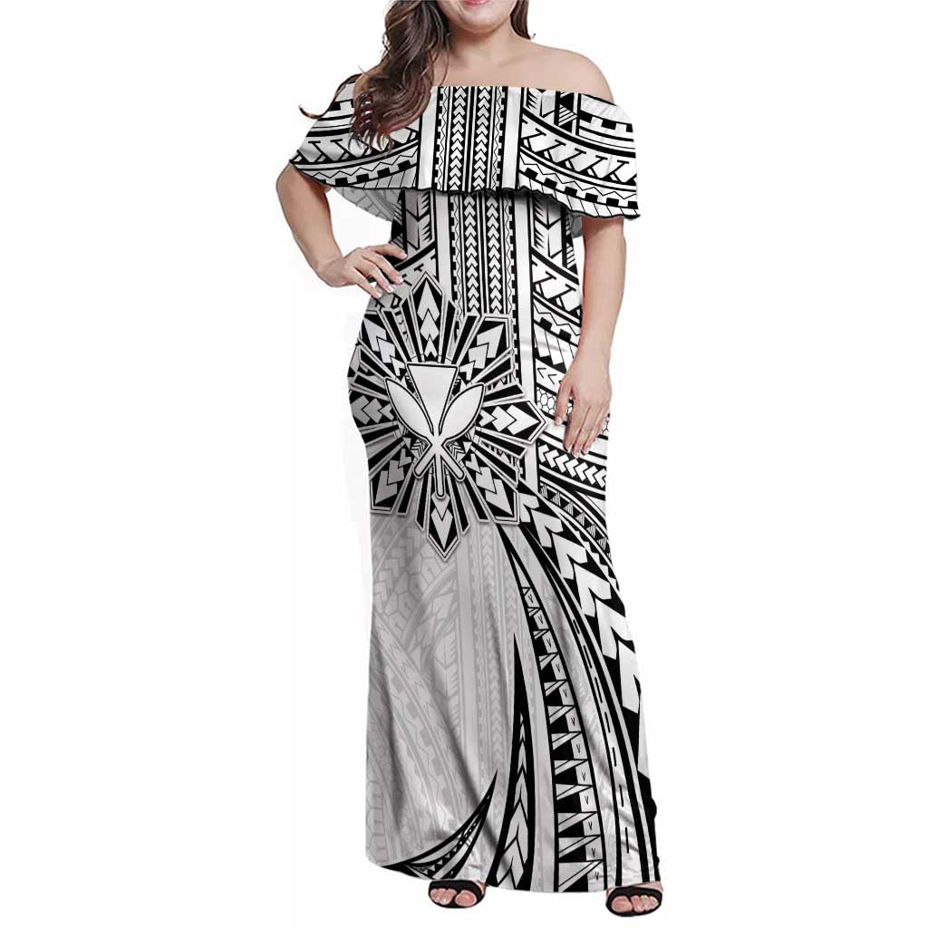 Hawaii And Philippines Family Matching Off Shoulder Maxi Dress and Hawaiian Shirt Kanaka Maoli With Tribal Sun Together White LT05 Mom's Dress White - Polynesian Pride