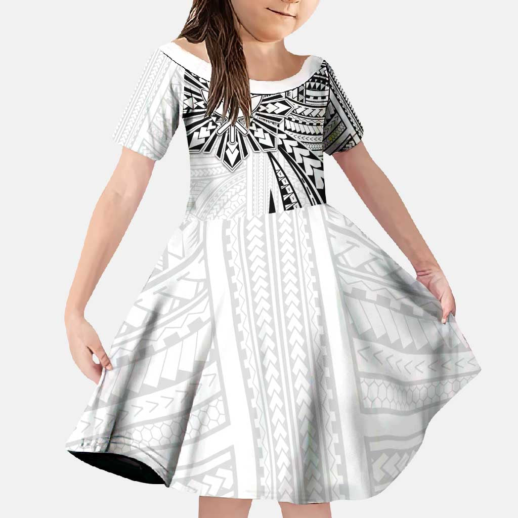 Hawaii And Philippines Family Matching Short Sleeve Bodycon Dress and Hawaiian Shirt Kanaka Maoli With Tribal Sun Together White LT05 Daughter's Dress White - Polynesian Pride
