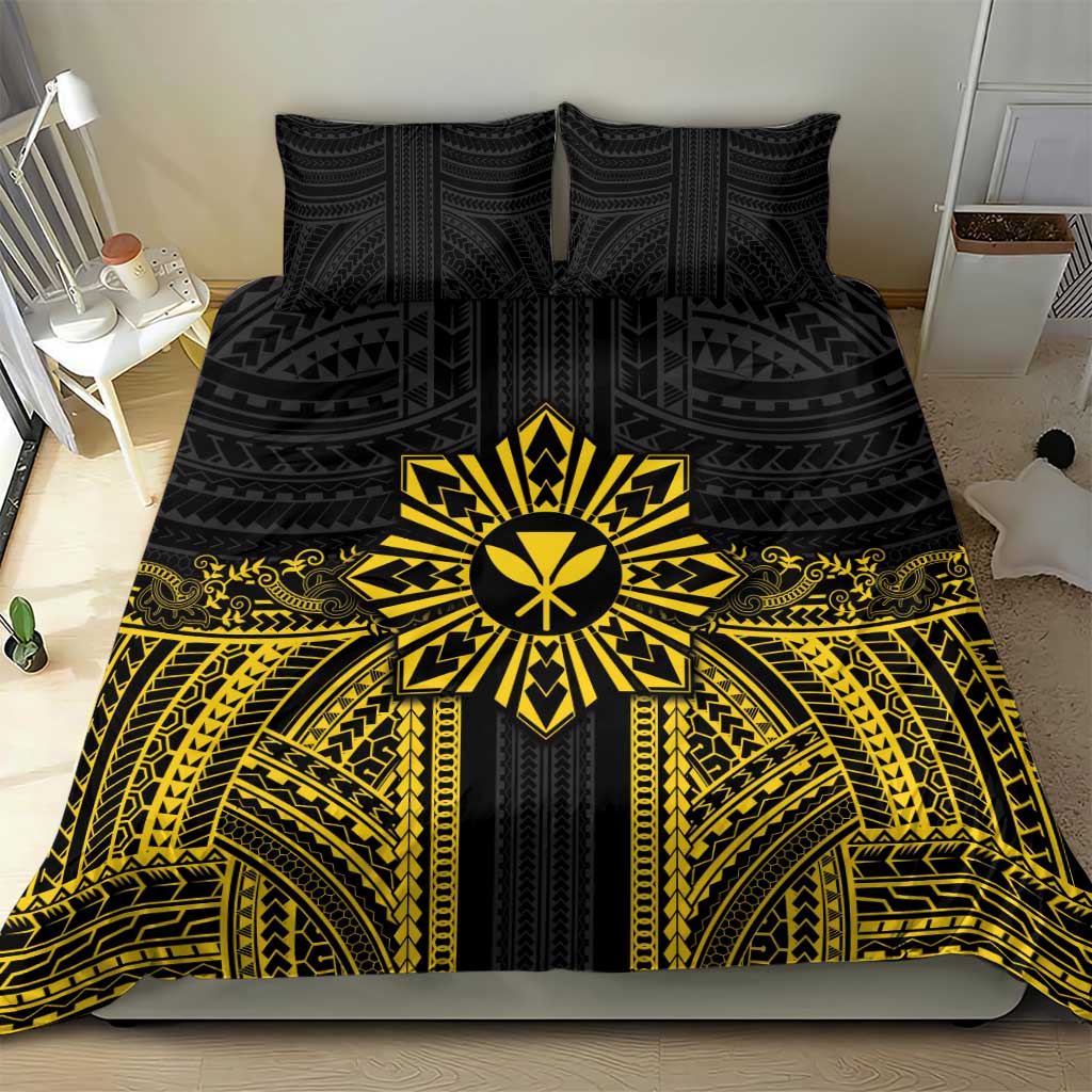 Hawaii And Philippines Together Bedding Set Polynesian Pattern With Filipino Barong Gold