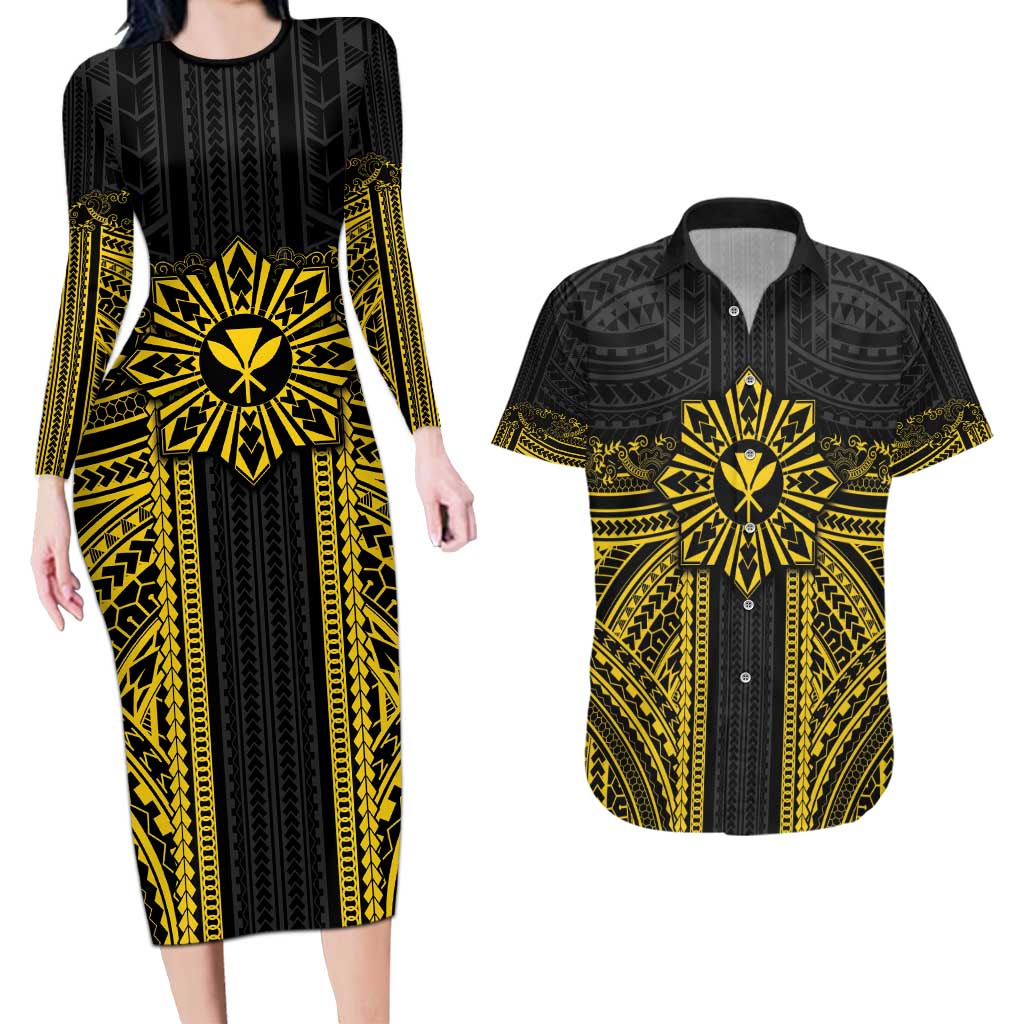 Hawaii And Philippines Together Couples Matching Long Sleeve Bodycon Dress and Hawaiian Shirt Polynesian Pattern With Filipino Barong Gold LT05 Gold - Polynesian Pride
