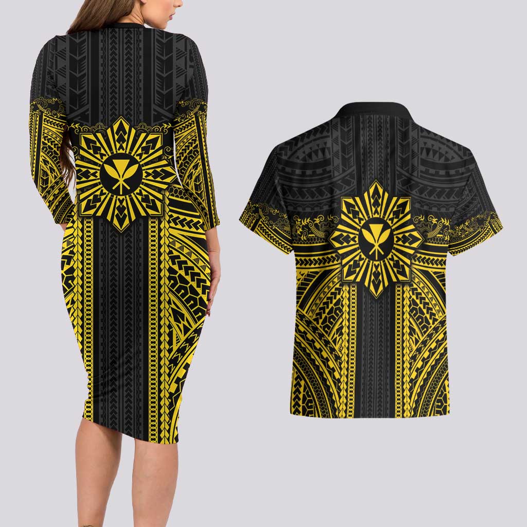 Hawaii And Philippines Together Couples Matching Long Sleeve Bodycon Dress and Hawaiian Shirt Polynesian Pattern With Filipino Barong Gold LT05 - Polynesian Pride