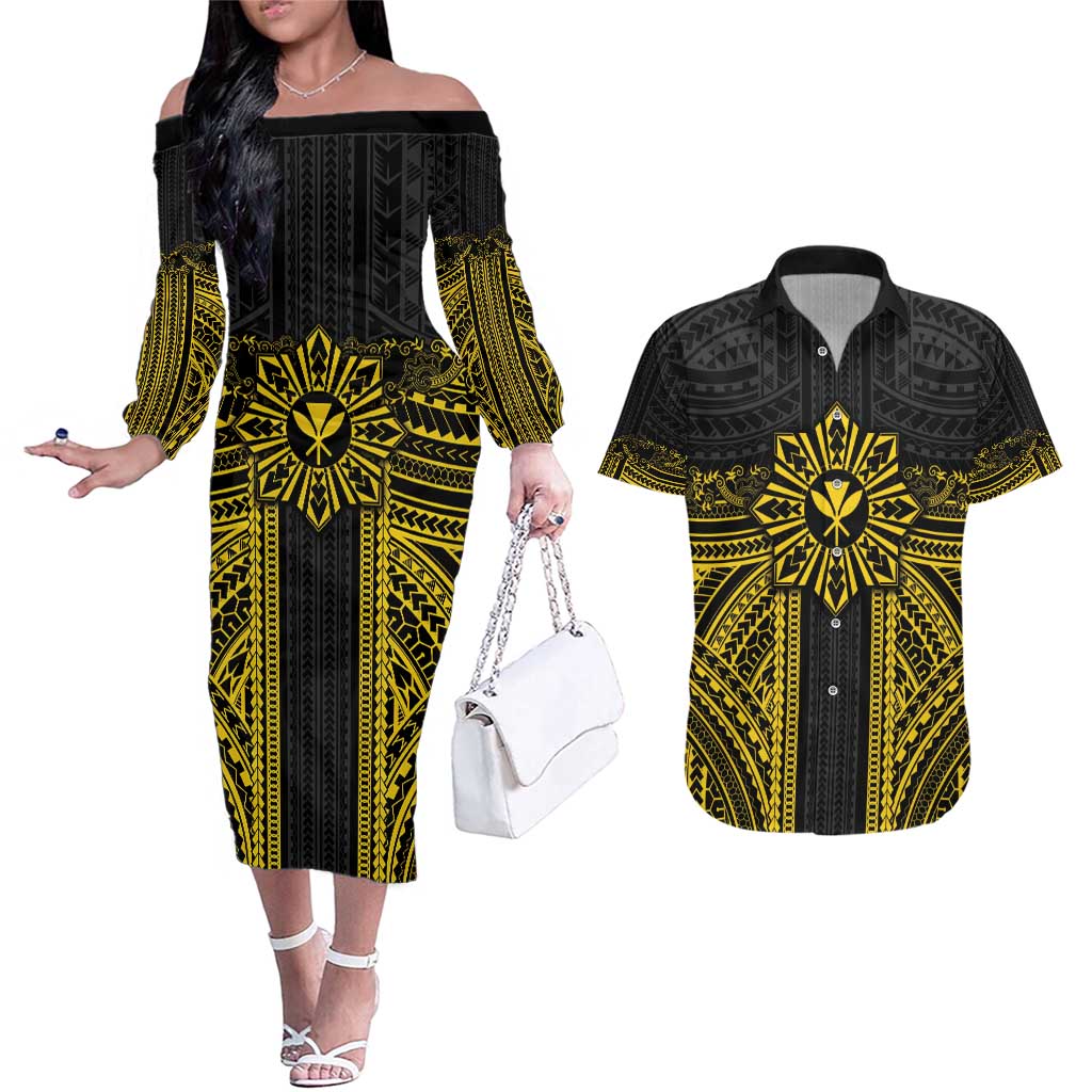 Hawaii And Philippines Together Couples Matching Off The Shoulder Long Sleeve Dress and Hawaiian Shirt Polynesian Pattern With Filipino Barong Gold LT05 Gold - Polynesian Pride