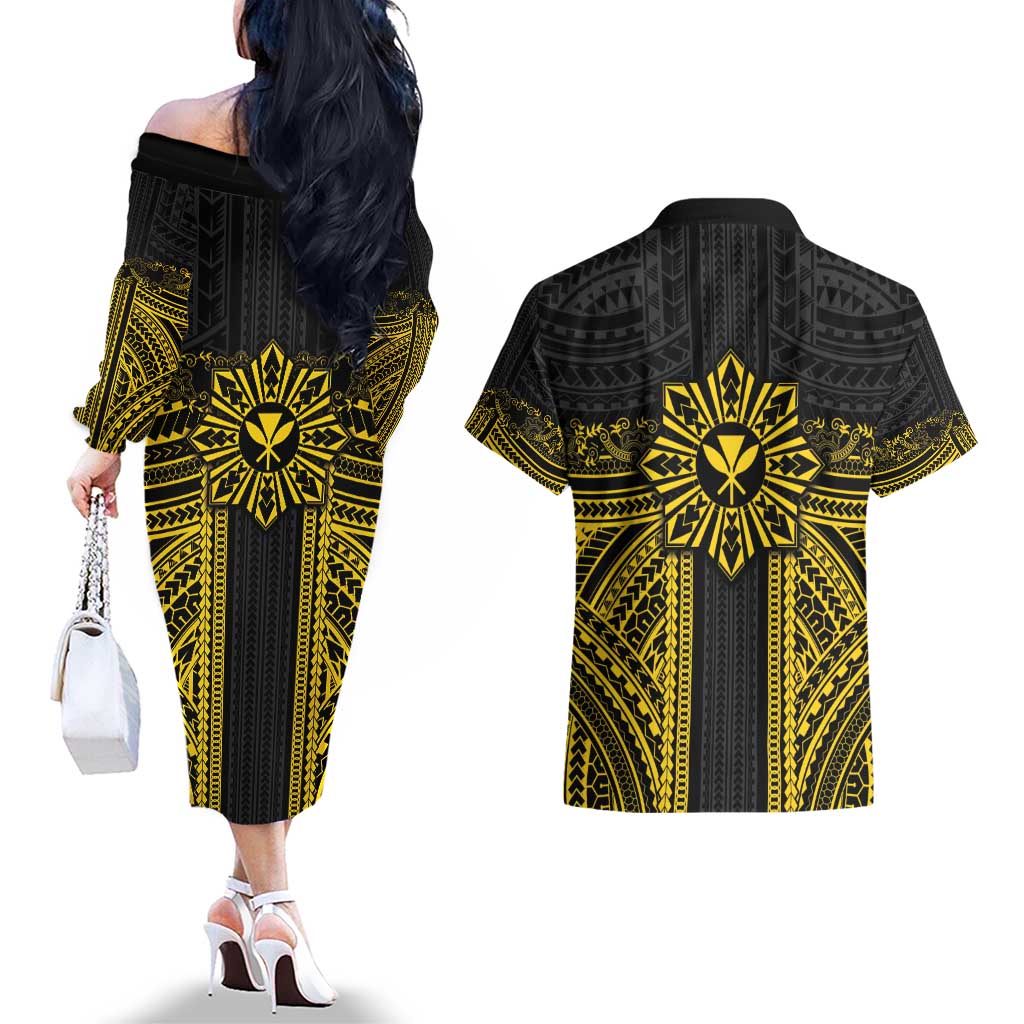 Hawaii And Philippines Together Couples Matching Off The Shoulder Long Sleeve Dress and Hawaiian Shirt Polynesian Pattern With Filipino Barong Gold LT05 - Polynesian Pride