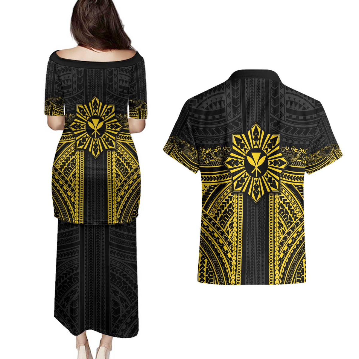 Hawaii And Philippines Together Couples Matching Puletasi and Hawaiian Shirt Polynesian Pattern With Filipino Barong Gold