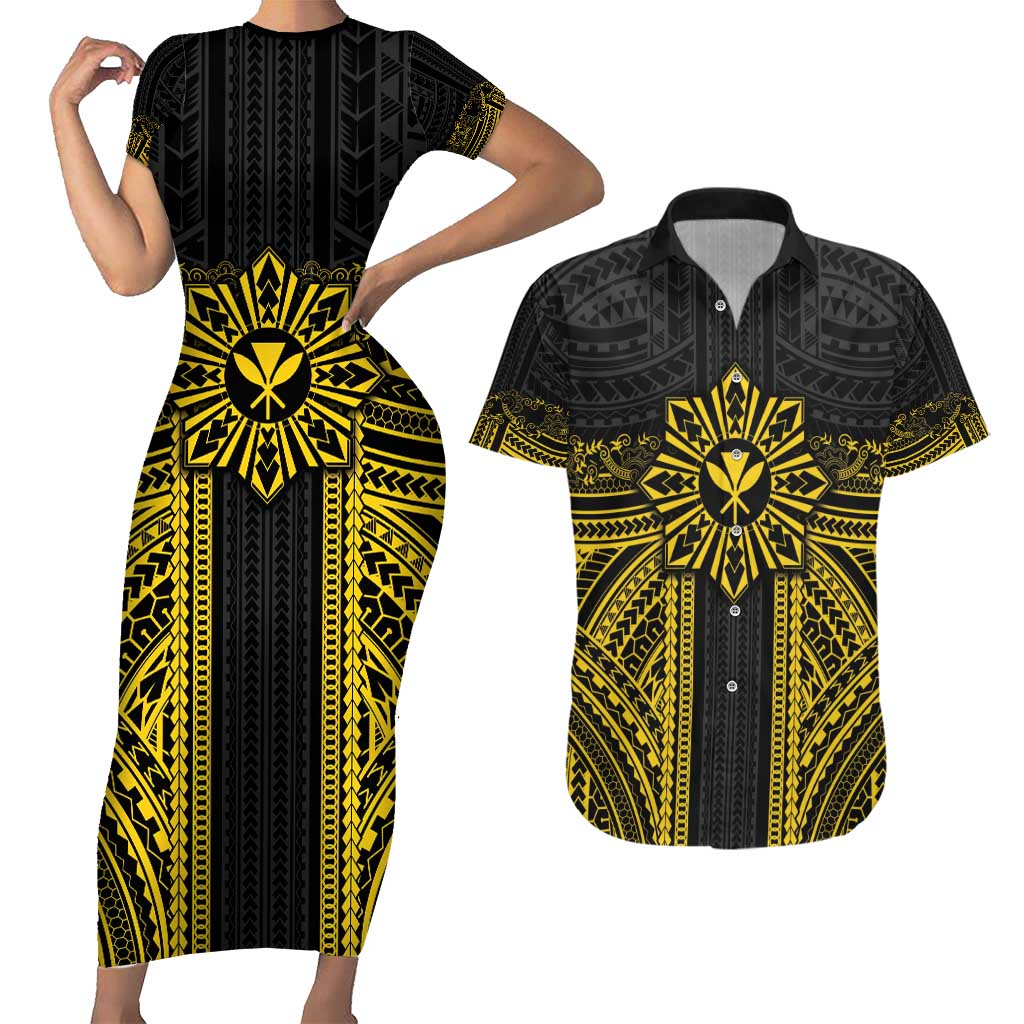 Hawaii And Philippines Together Couples Matching Short Sleeve Bodycon Dress and Hawaiian Shirt Polynesian Pattern With Filipino Barong Gold LT05 Gold - Polynesian Pride