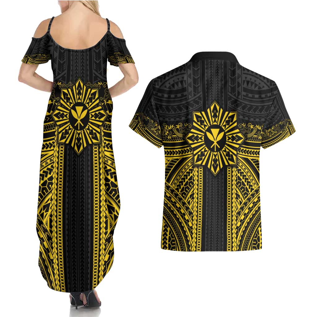 Hawaii And Philippines Together Couples Matching Summer Maxi Dress and Hawaiian Shirt Polynesian Pattern With Filipino Barong Gold
