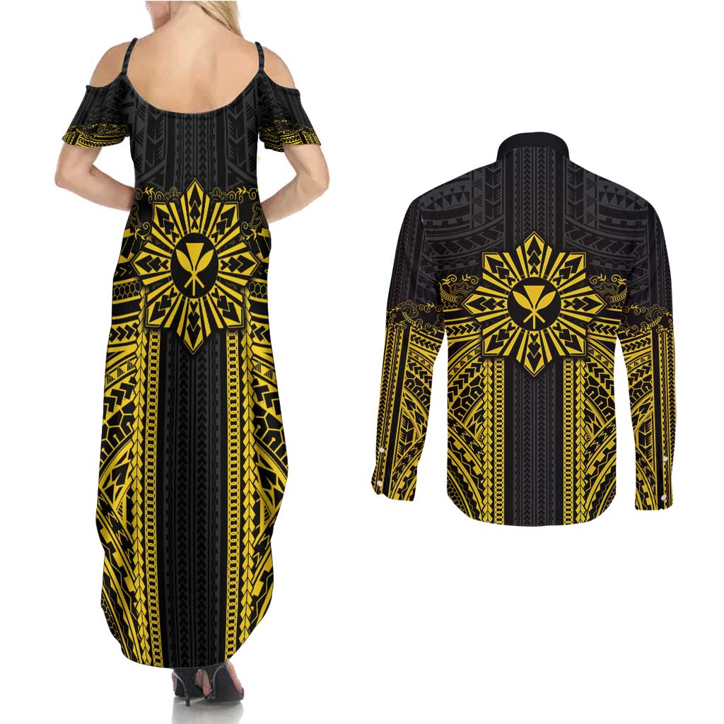 Hawaii And Philippines Together Couples Matching Summer Maxi Dress and Long Sleeve Button Shirt Polynesian Pattern With Filipino Barong Gold