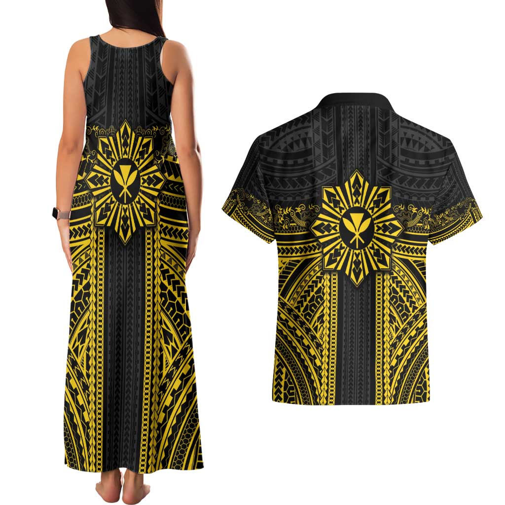 Hawaii And Philippines Together Couples Matching Tank Maxi Dress and Hawaiian Shirt Polynesian Pattern With Filipino Barong Gold