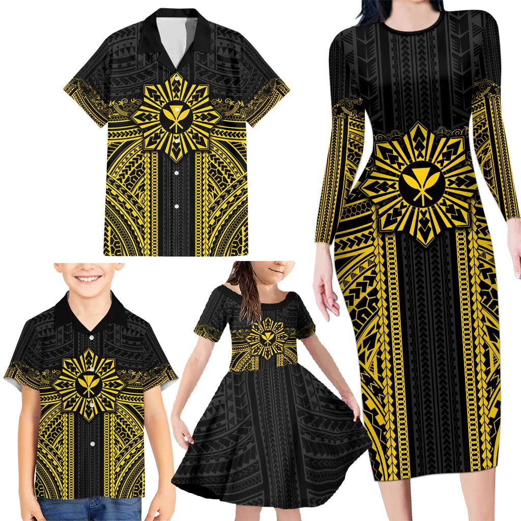 Hawaii And Philippines Together Family Matching Long Sleeve Bodycon Dress and Hawaiian Shirt Polynesian Pattern With Filipino Barong Gold LT05 - Polynesian Pride