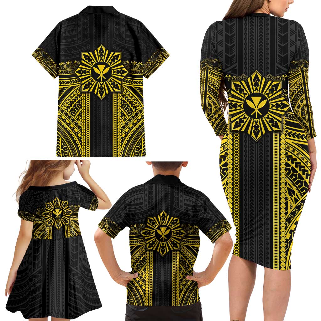Hawaii And Philippines Together Family Matching Long Sleeve Bodycon Dress and Hawaiian Shirt Polynesian Pattern With Filipino Barong Gold LT05 - Polynesian Pride