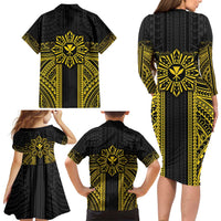 Hawaii And Philippines Together Family Matching Long Sleeve Bodycon Dress and Hawaiian Shirt Polynesian Pattern With Filipino Barong Gold LT05 - Polynesian Pride