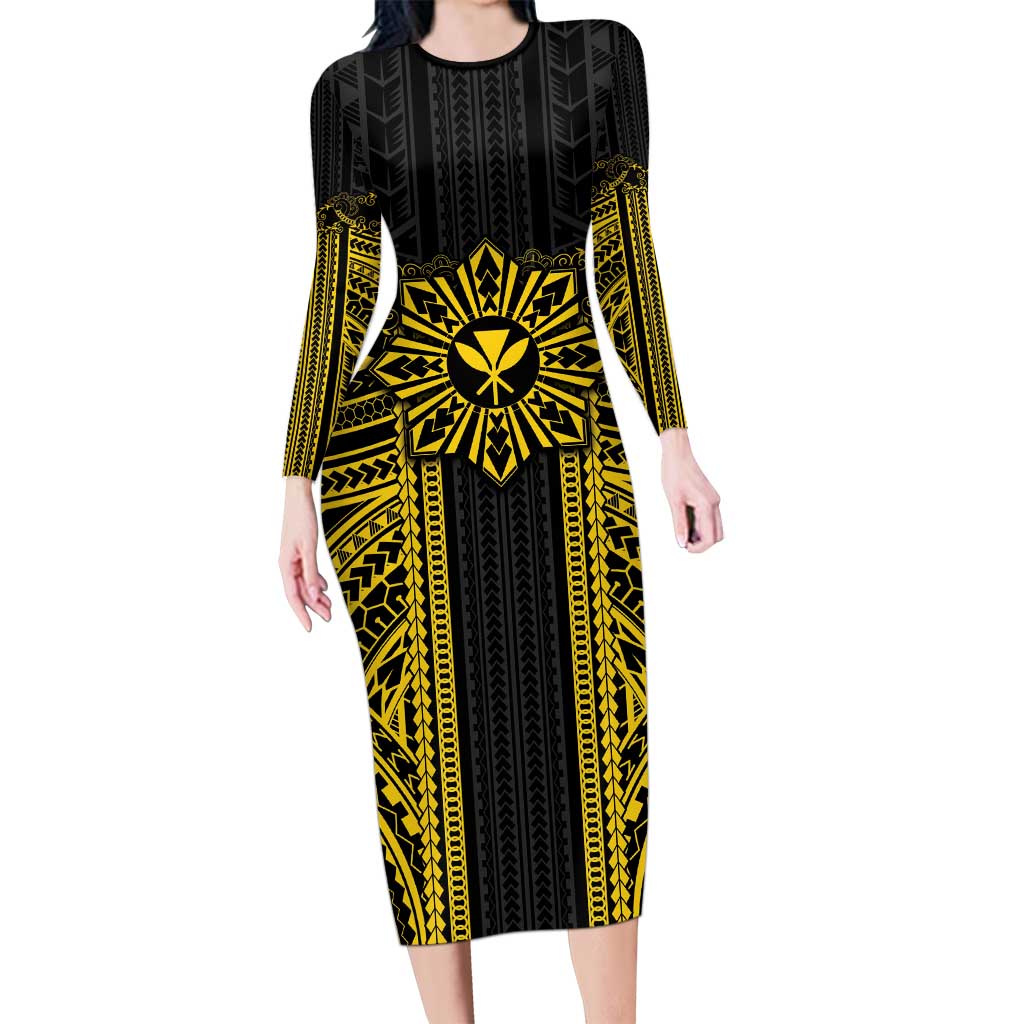 Hawaii And Philippines Together Family Matching Long Sleeve Bodycon Dress and Hawaiian Shirt Polynesian Pattern With Filipino Barong Gold LT05 Mom's Dress Gold - Polynesian Pride