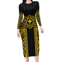 Hawaii And Philippines Together Family Matching Long Sleeve Bodycon Dress and Hawaiian Shirt Polynesian Pattern With Filipino Barong Gold LT05 Mom's Dress Gold - Polynesian Pride