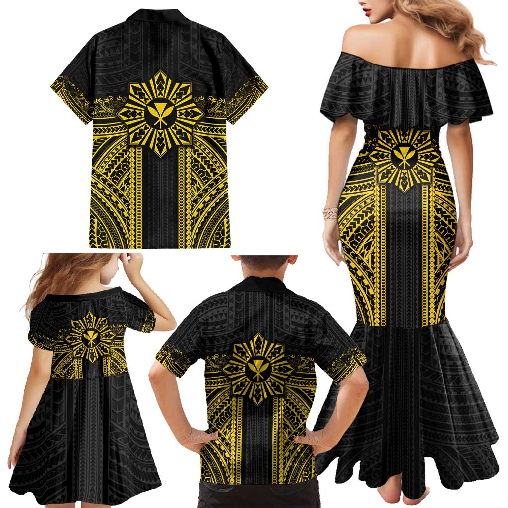Hawaii And Philippines Together Family Matching Mermaid Dress and Hawaiian Shirt Polynesian Pattern With Filipino Barong Gold LT05 - Polynesian Pride