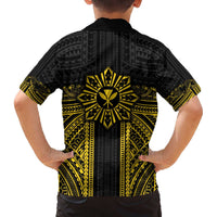 Hawaii And Philippines Together Family Matching Off The Shoulder Long Sleeve Dress and Hawaiian Shirt Polynesian Pattern With Filipino Barong Gold LT05 - Polynesian Pride