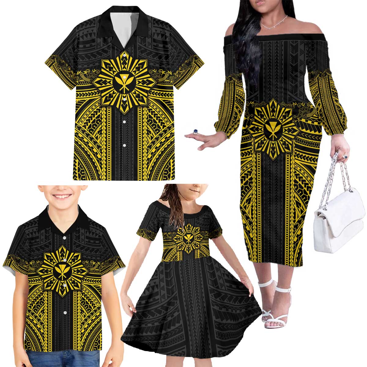 Hawaii And Philippines Together Family Matching Off The Shoulder Long Sleeve Dress and Hawaiian Shirt Polynesian Pattern With Filipino Barong Gold LT05 - Polynesian Pride