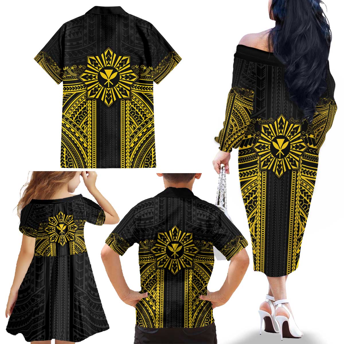 Hawaii And Philippines Together Family Matching Off The Shoulder Long Sleeve Dress and Hawaiian Shirt Polynesian Pattern With Filipino Barong Gold LT05 - Polynesian Pride