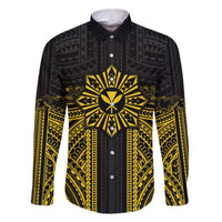 Hawaii And Philippines Together Family Matching Off The Shoulder Long Sleeve Dress and Hawaiian Shirt Polynesian Pattern With Filipino Barong Gold LT05 Dad's Shirt - Long Sleeve Gold - Polynesian Pride