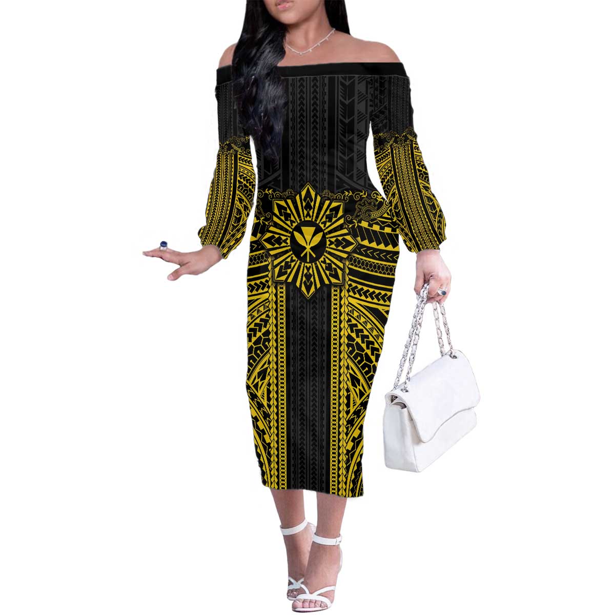 Hawaii And Philippines Together Family Matching Off The Shoulder Long Sleeve Dress and Hawaiian Shirt Polynesian Pattern With Filipino Barong Gold LT05 Mom's Dress Gold - Polynesian Pride