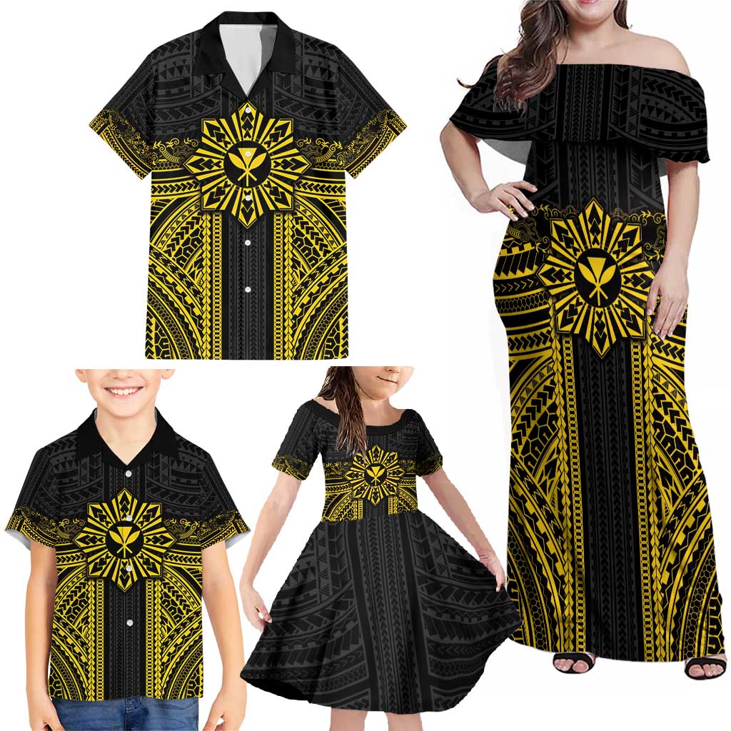 Hawaii And Philippines Together Family Matching Off Shoulder Maxi Dress and Hawaiian Shirt Polynesian Pattern With Filipino Barong Gold LT05 - Polynesian Pride