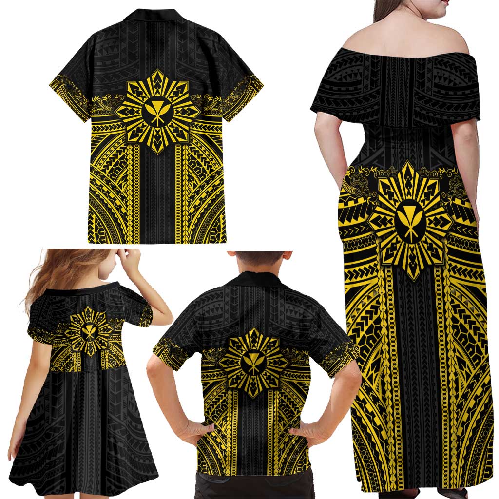 Hawaii And Philippines Together Family Matching Off Shoulder Maxi Dress and Hawaiian Shirt Polynesian Pattern With Filipino Barong Gold LT05 - Polynesian Pride